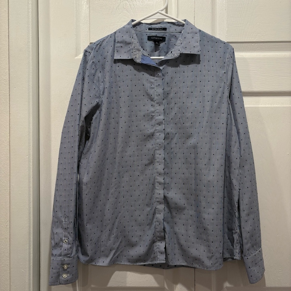 Lands End Blue Stripe and Polka Dot Long Sleeve Button Up Top - Size 12